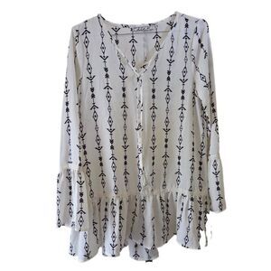 Chloe K White with Black Aztec Print Long Sleeve Boho Style Blouse